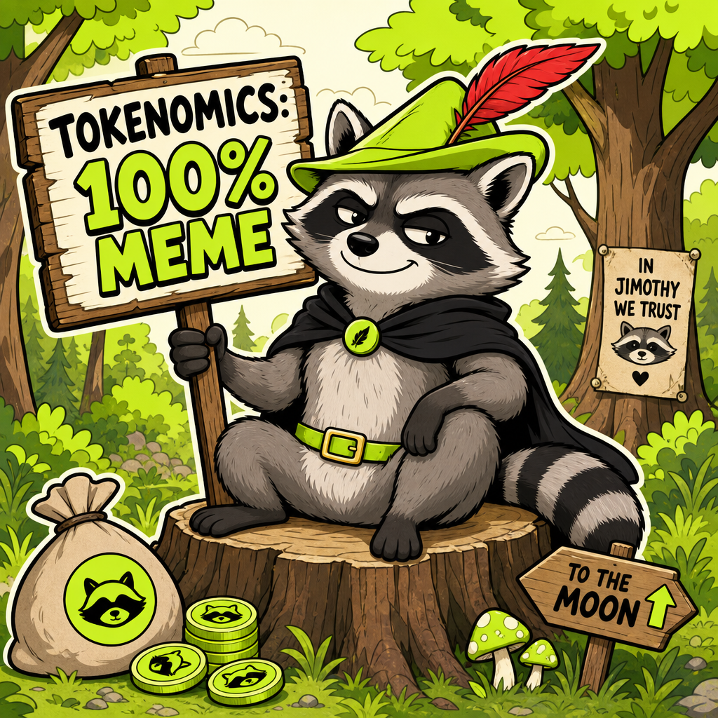 Jimothy holding a 100% meme tokenomics sign